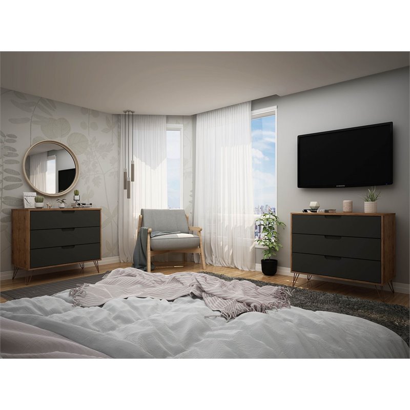 Manhattan Comfort Rockefeller 3-Drawer Wood Dresser in Gray/Natural (Set of 2)
