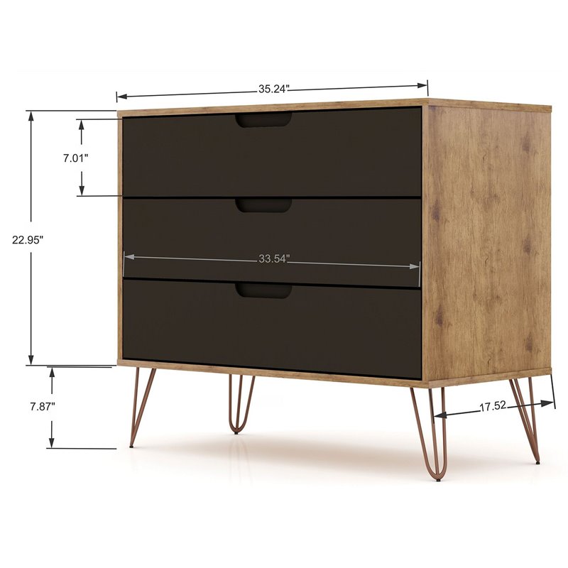 Manhattan Comfort Rockefeller 3-Drawer Wood Dresser in Gray/Natural (Set of 2)