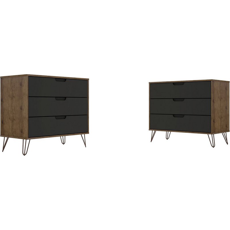 Manhattan Comfort Rockefeller 3-Drawer Wood Dresser in Gray/Natural (Set of 2)