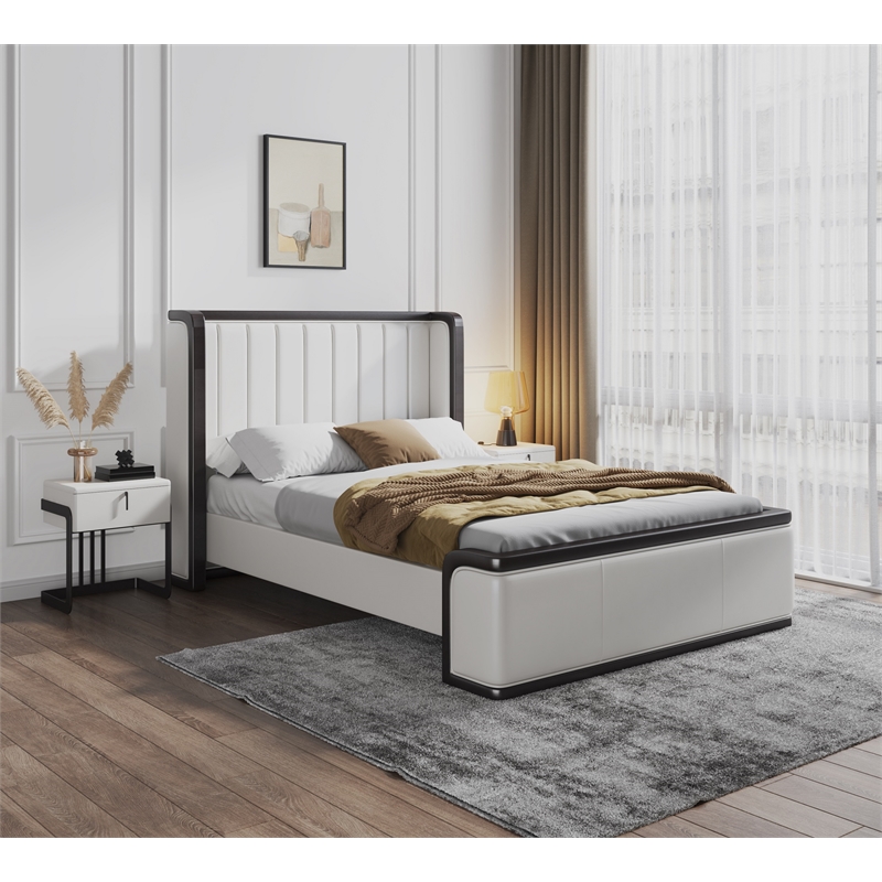 Manhattan Comfort Kingdom Faux Leather Full Size Bed Frame in Cream