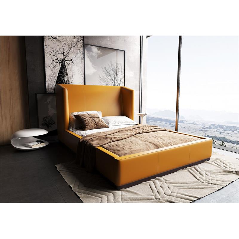 Manhattan Comfort Lenyx Faux Leather Queen Size Bed Frame in Saddle Brown