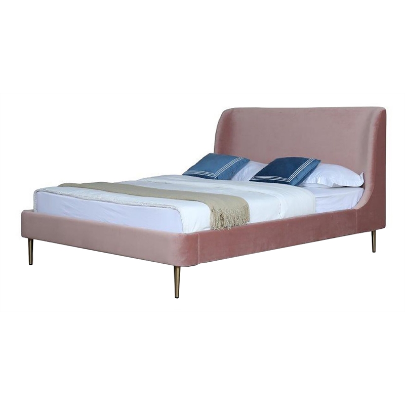 Manhattan Comfort Heather Velvet Queen Size Bed Frame in Blush Pink/Gold