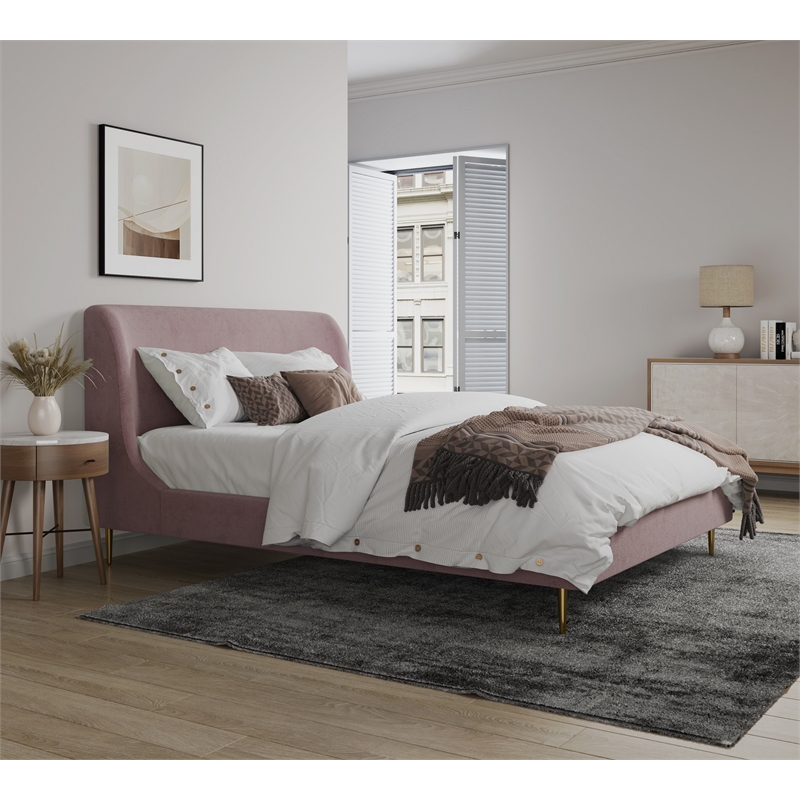 Manhattan Comfort Heather Velvet Full Size Bed Frame in Blush Pink/Gold