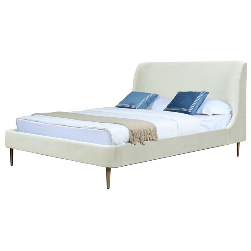 Manhattan Comfort Heather Velvet Full Size Bed Frame in Cream/Gold