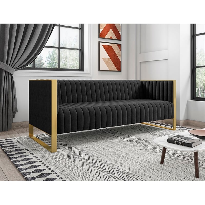 Manhattan Comfort Vector 3-Seat Velvet Upholstered Sofa in Black
