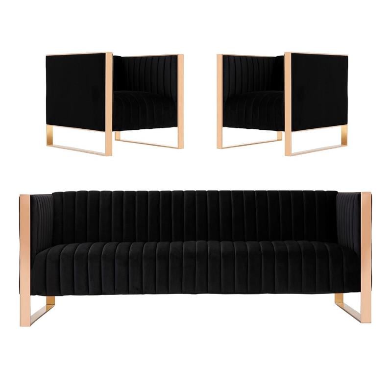 Manhattan Comfort Trillium 3-Piece Velvet Sofa & Armchair Set in Black