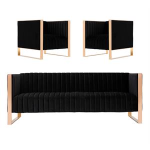 Manhattan Comfort Trillium 3-Piece Velvet Sofa & Armchair Set in Black