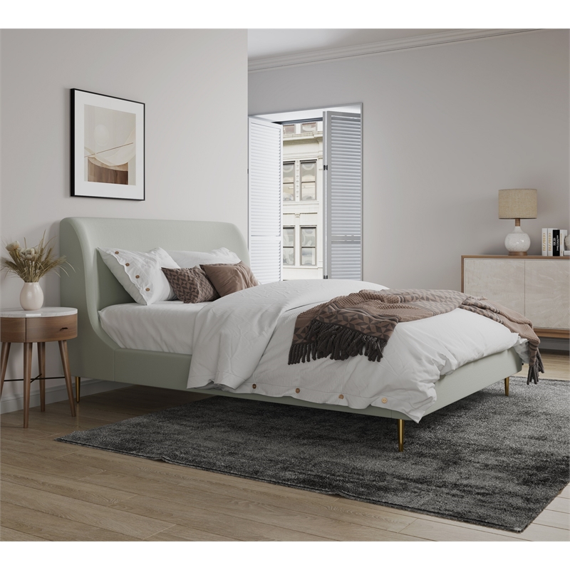 Manhattan Comfort Heather Velvet Full Size Bed Frame in Cream/Black