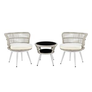 Manhattan Comfort Monaco 3-Piece Rattan Patio Conversation Set in Gray/Cream