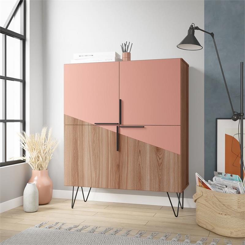 Manhattan Comfort Beekman 4 Shelves Engineered Wood Low Cabinet in Brown/Pink