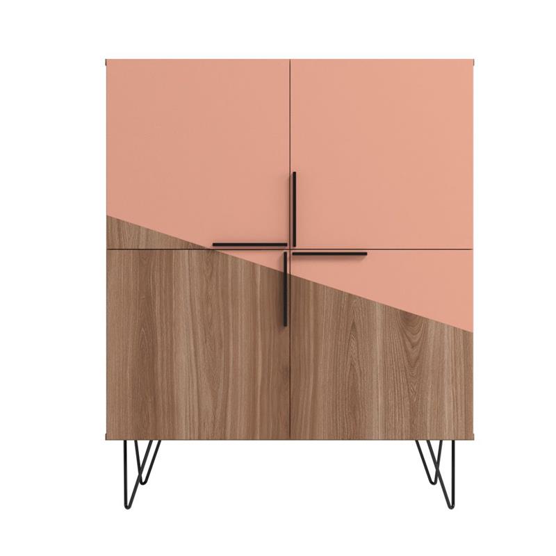 Manhattan Comfort Beekman 4 Shelves Engineered Wood Low Cabinet in Brown/Pink