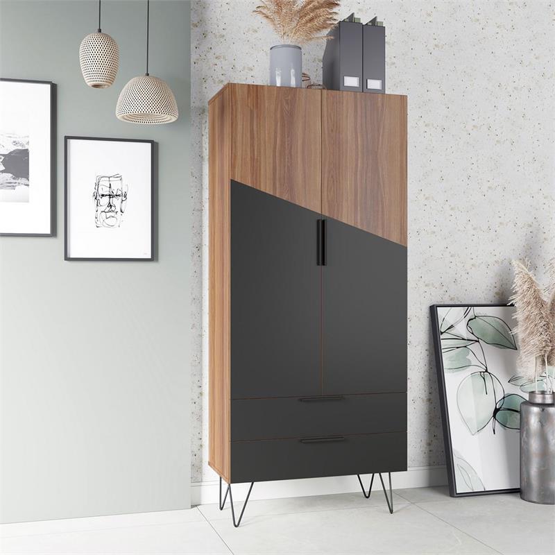 Manhattan Comfort Beekman 6 Shelves Engineered Wood Tall Cabinet in Brown/Black