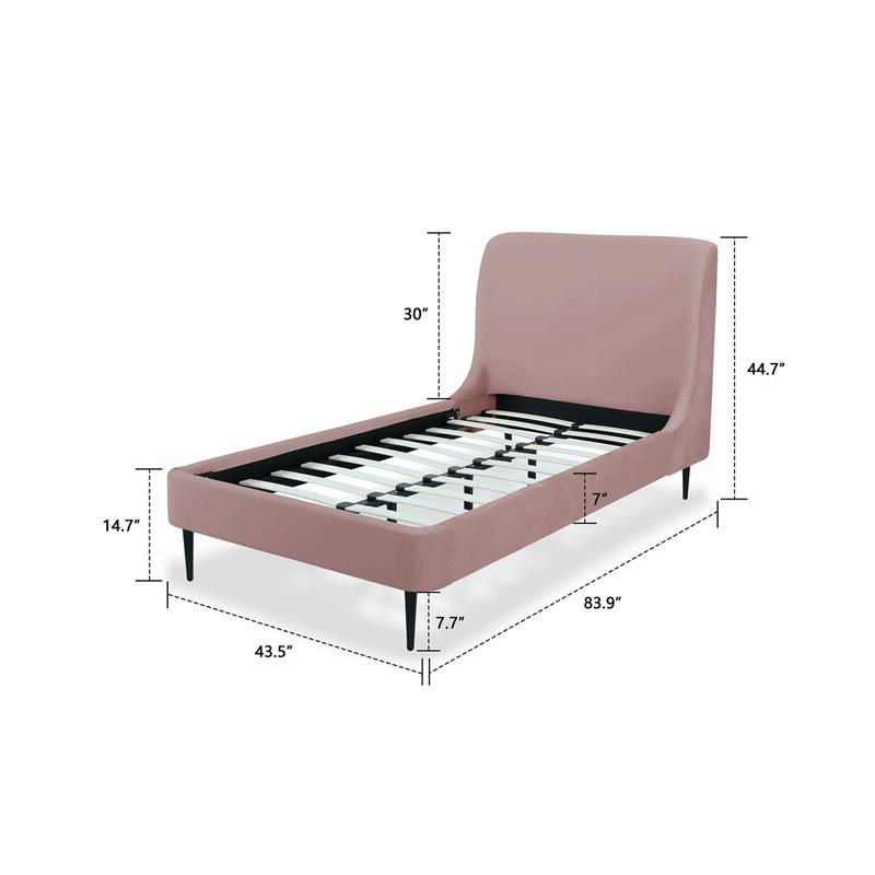 Manhattan Comfort Heather Modern Velvet/Foam Twin Bed in Blush Pink/Black