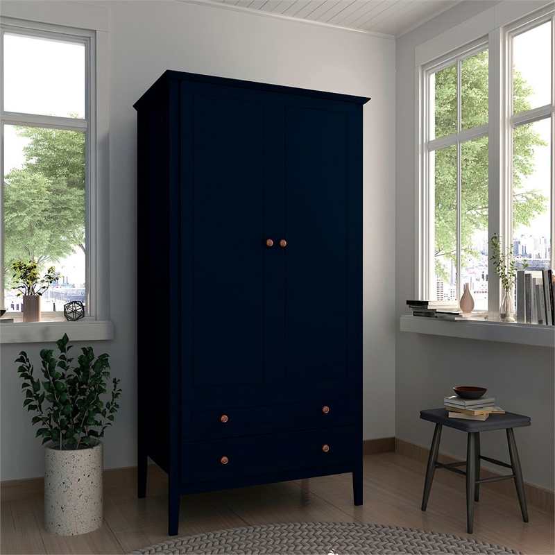 Manhattan Comfort Crown 2-Drawer Wood Full Wardrobe Armoire in Midnight Blue