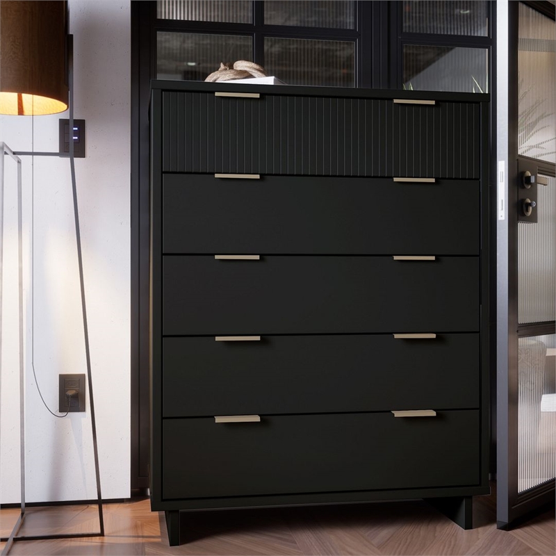 Manhattan Comfort Granville Tall Engineered Wood Dresser in Black