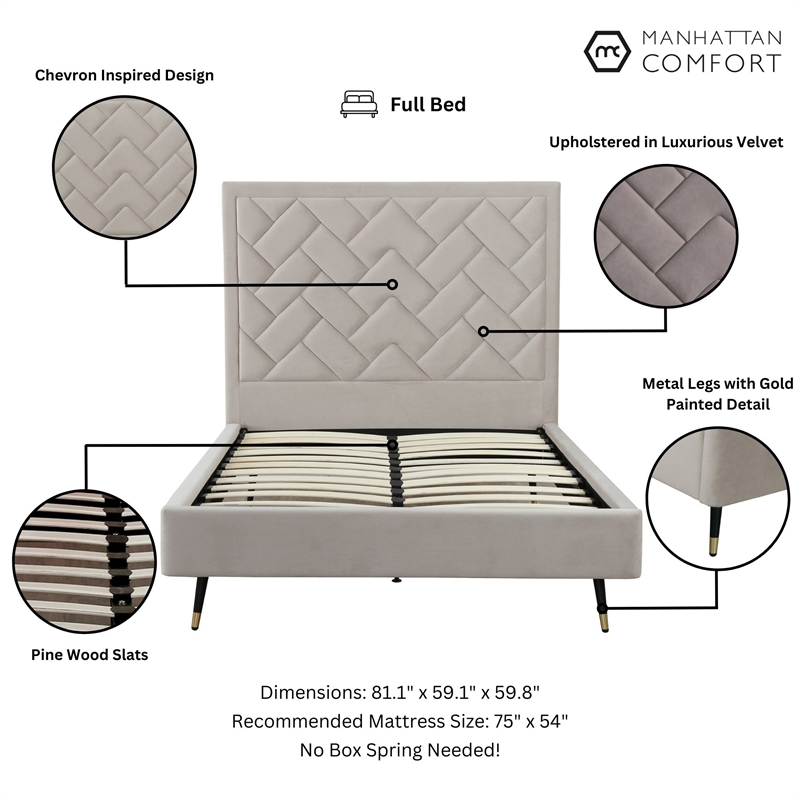 Manhattan Comfort Crosby Full-Size Bed with Solid Wood Frame in Beige