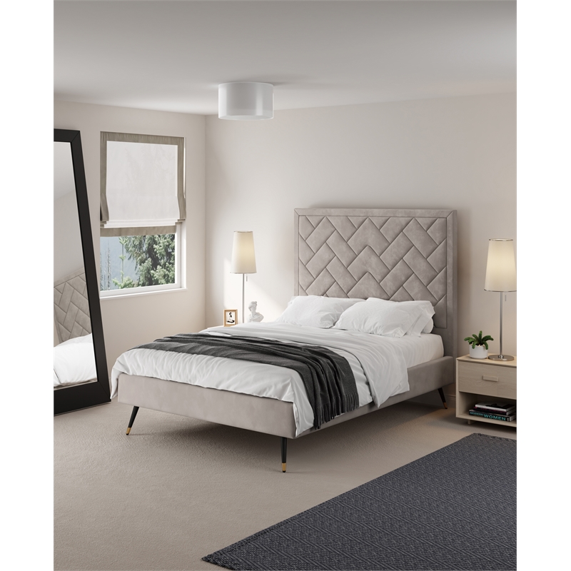 Manhattan Comfort Crosby Full-Size Bed with Solid Wood Frame in Beige