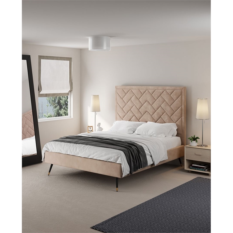 Manhattan Comfort Crosby Queen-Size Bed with Solid Wood Frame in Cream