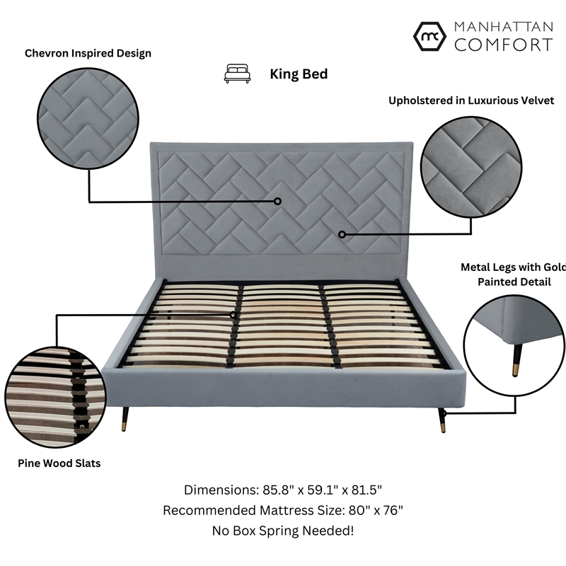 Manhattan Comfort Crosby King-Size Bed with Solid Wood Frame in Gray