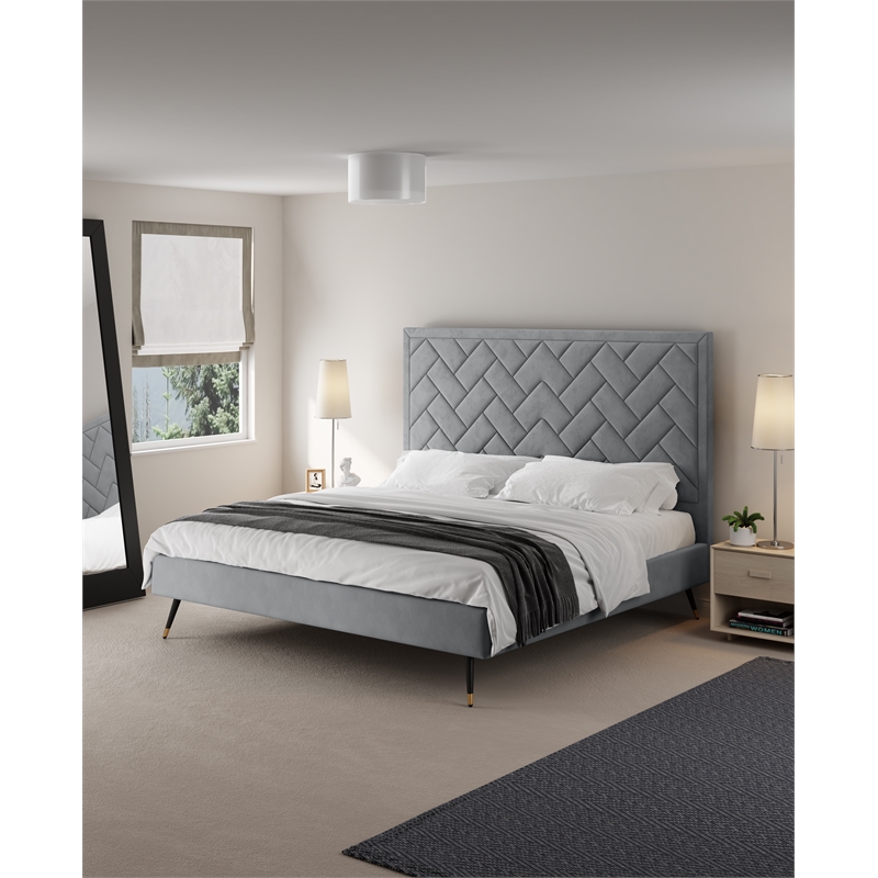 Manhattan Comfort Crosby King-Size Bed with Solid Wood Frame in Gray