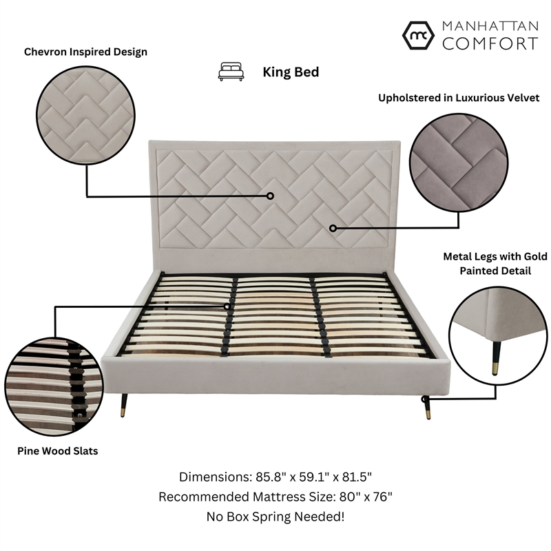 Manhattan Comfort Crosby King-Size Bed with Solid Wood Frame in Beige