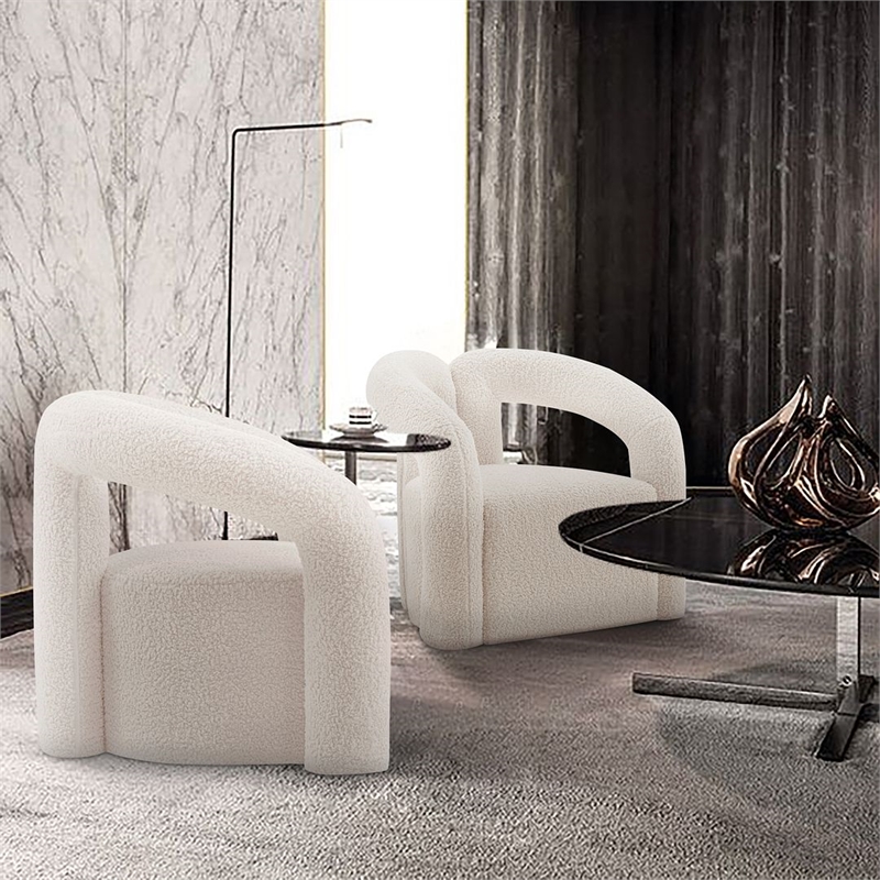 Manhattan Comfort Darian Boucle Accent Chair from Solid Wood in Cream (Set of 2)
