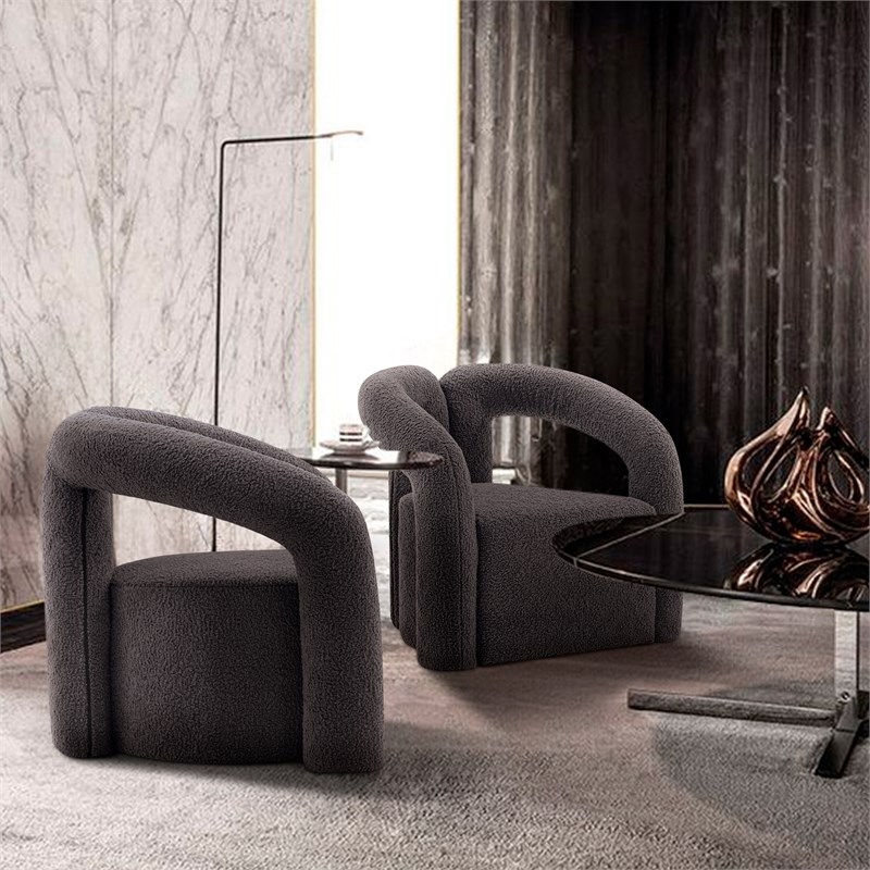 Manhattan Comfort Darian Boucle Accent Chair from Solid Wood in Black (Set of 2)