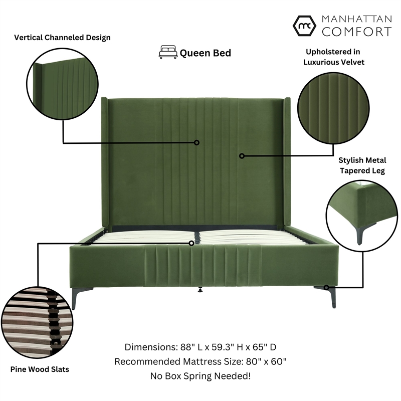 Manhattan Comfort Promenade Queen-Size Bed made from Solid Wood in Moss Green