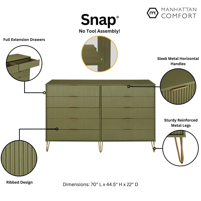 DUMBO 10-Drawer Double Tall Dresser from Engineered Wood in Olive Green