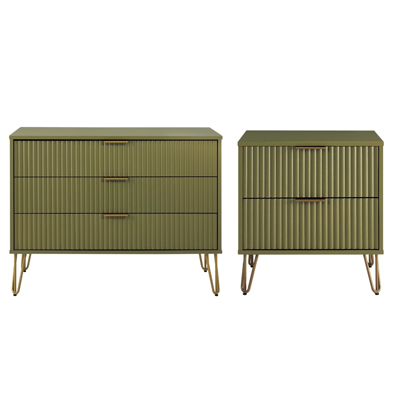 2-Piece DUMBO Standard 3-Drawer Dresser and DUMBO 2.0 Nightstand in Olive Green