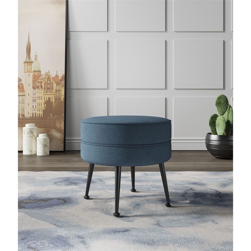 Manhattan Comfort Bailey Ottoman in Blue with Solid Wood Base and Black Feet
