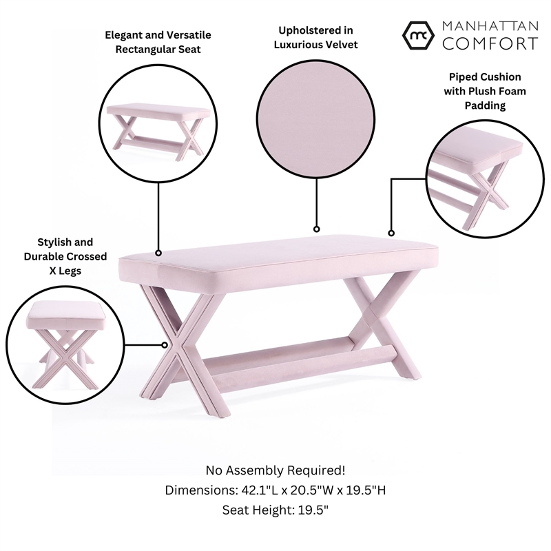Manhattan Comfort Abigail Double Ottoman Bench with Solid Wood Frame in Pink