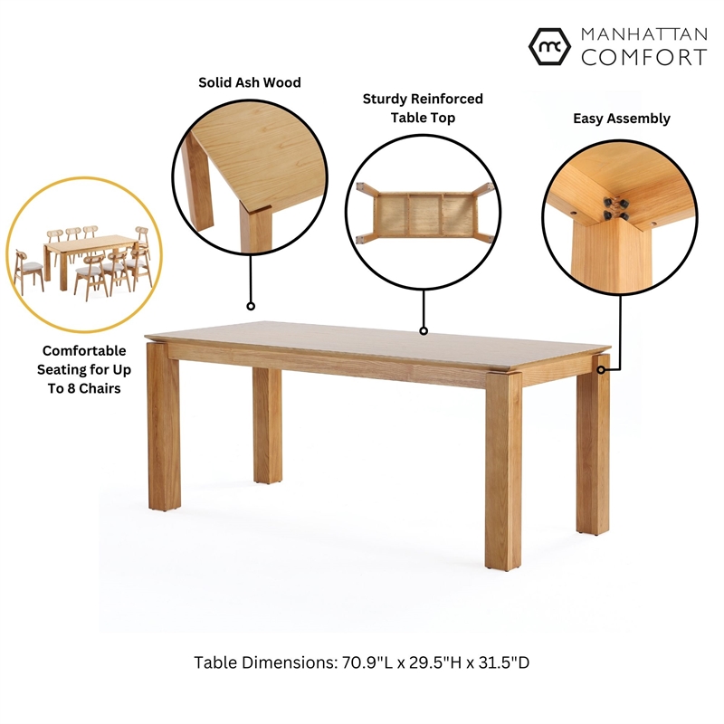Manhattan Comfort Rockaway 70.86 Solid Wood Dining Table in Natural
