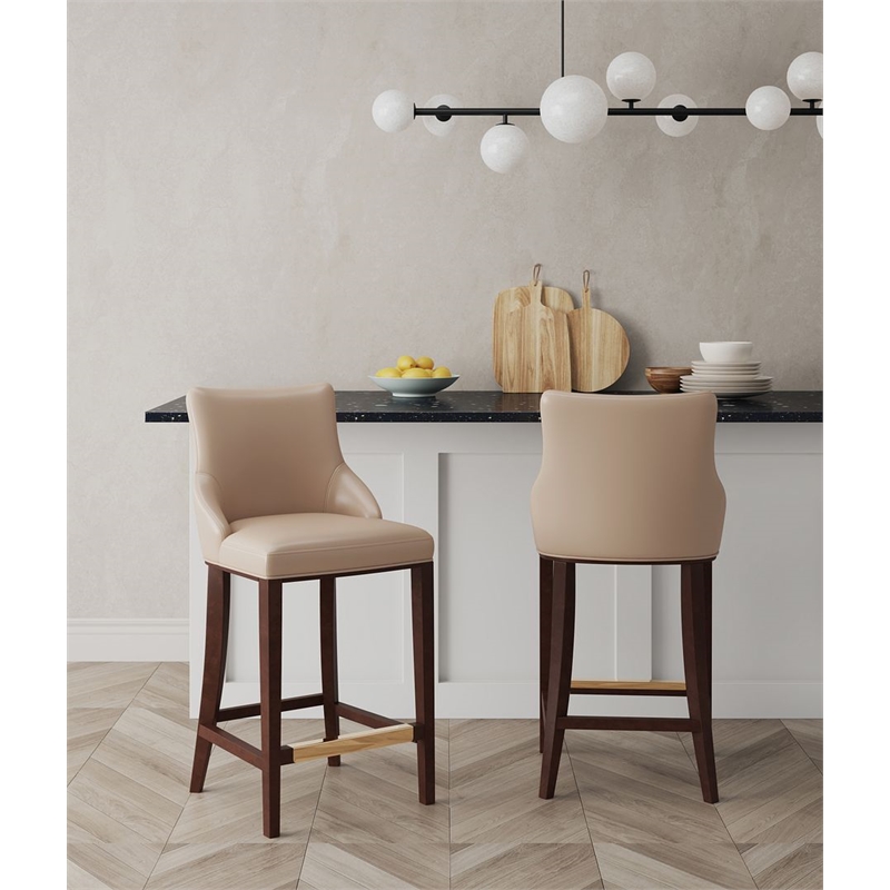 Manhattan Comfort Shubert Barstool with Solid Wood Frame in Tan- Set of 2