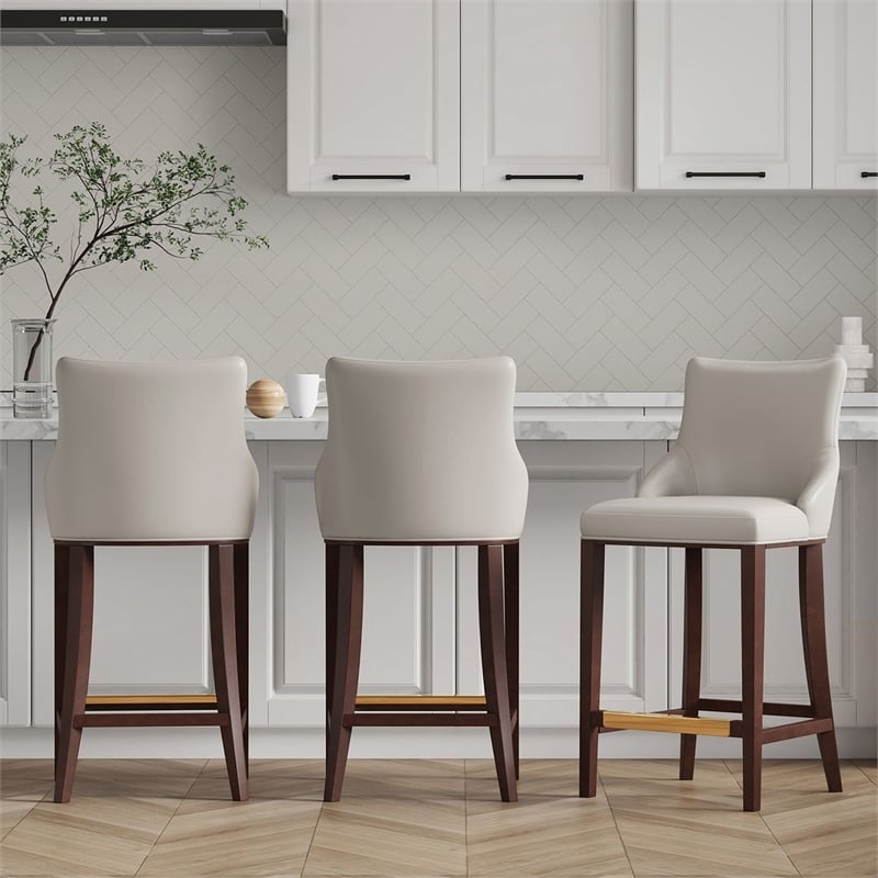 Manhattan Comfort Shubert Barstool with Solid Wood Frame in Light Gray- Set of 3