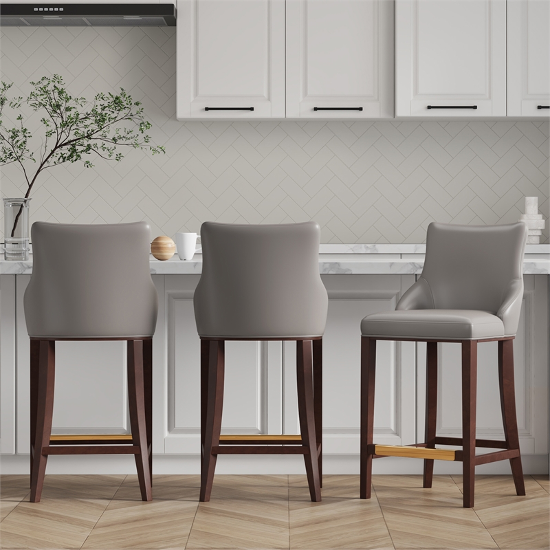 Manhattan Comfort Shubert Barstool with Solid Wood Frame in Dark Taupe- Set of 3