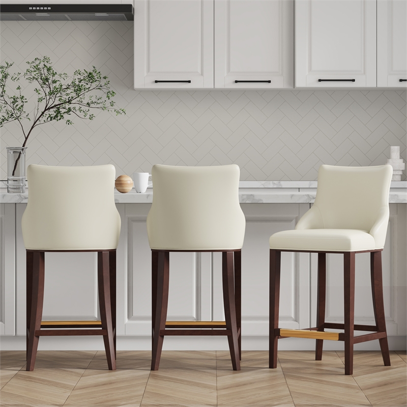 Manhattan Comfort Shubert Barstool with Solid Wood Frame in Ivory- Set of 3