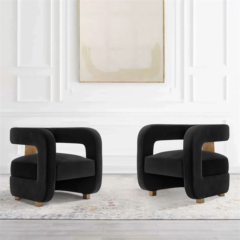 Manhattan Comfort Amirah Solid Wood Frame Accent Chair in Black (Set of 2)