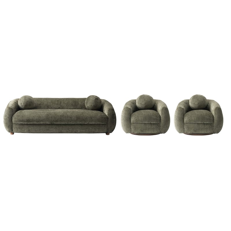 Tribeca Sofa and Accent Chairs with Solid Wood Frame in Olive Green - Set of 3