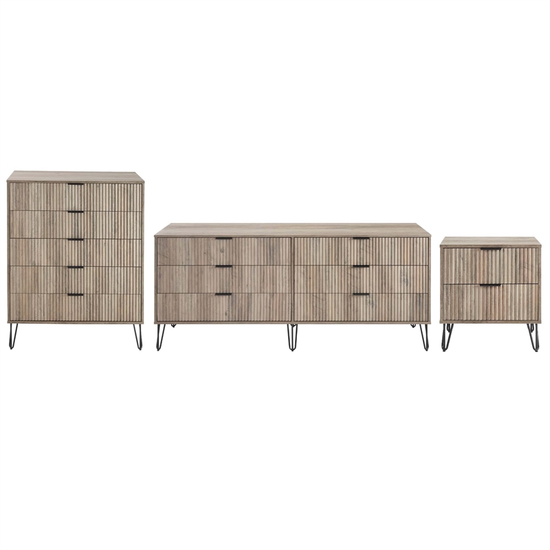 3-Piece DUMBO 5-Drawer & 6-Drawer Dressers and Nightstand in Gray
