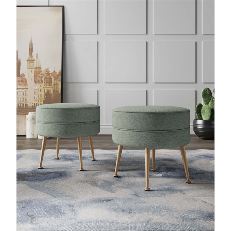 Bailey Ottoman in Sage Green with Gold Feet and Solid Wood Frame - Set of 2