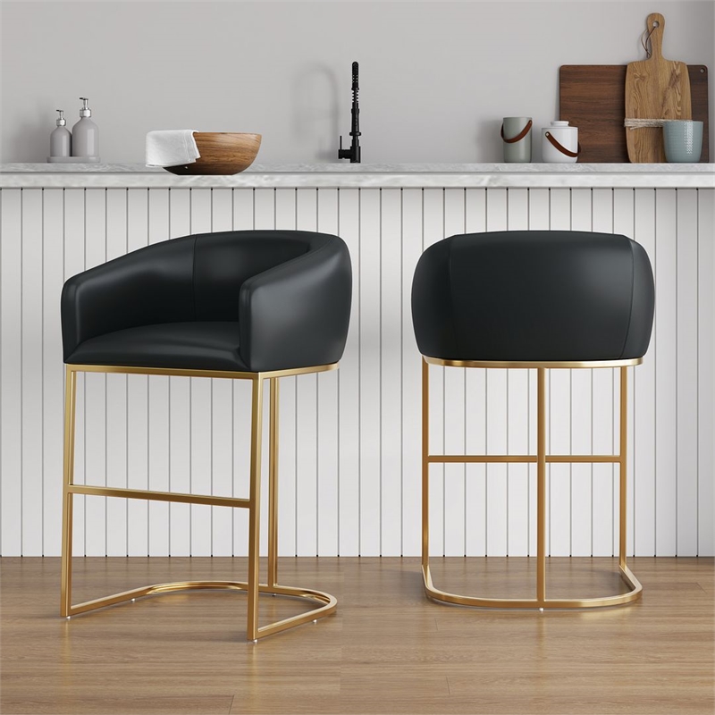 Manhattan Comfort Louvre Barstool with Stainless Steel Base in Black - Set of 2