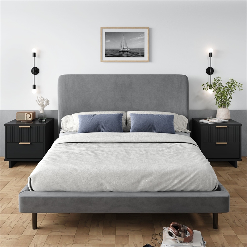 Manhattan Comfort Granville Nightstand 2.0 in Black - Solid Wood - Set of 2
