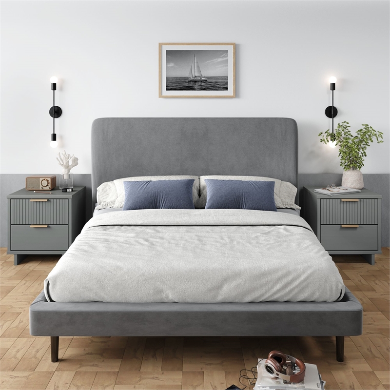 Manhattan Comfort Granville Nightstand 2.0 in Light Gray - Solid Wood - Set of 2