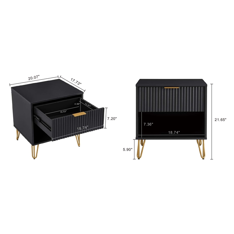 Manhattan Comfort DUMBO 1.0 Nightstand in Black - Engineered Wood - Set of 2