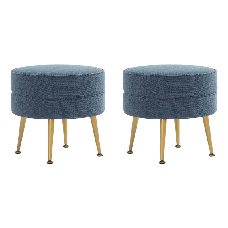 Bailey Ottoman in Blue with Gold Feet and Solid Wood Base - Set of 2