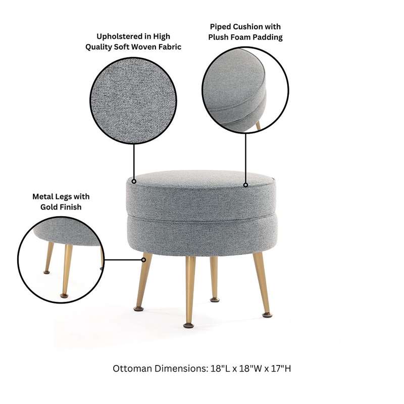 Bailey Ottoman in Gray with Gold Feet and Solid Wood Base - Set of 2