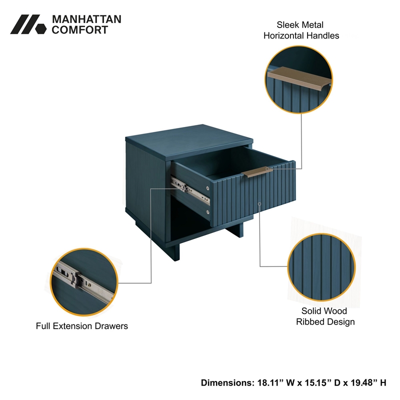 Manhattan Comfort Granville Solid Wood Nightstand 1.0 in Midnight Blue- Set of 2