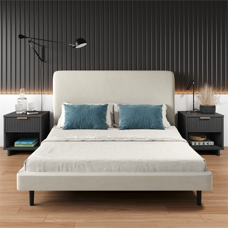 Manhattan Comfort Granville Solid Wood Nightstand 1.0 in Dark Gray- Set of 2