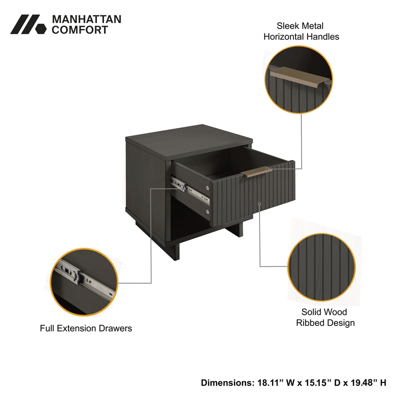 Manhattan Comfort Granville Solid Wood Nightstand 1.0 in Dark Gray- Set of 2
